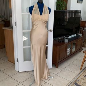 5/$20 David’s Bridal gold satin & chiffon halter gown, size 6. Spot in front.